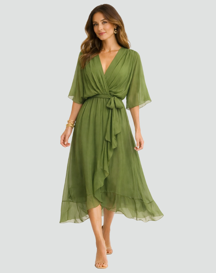 The Amelie – Women's Satin Wrap Bow Midi Dress | Huna