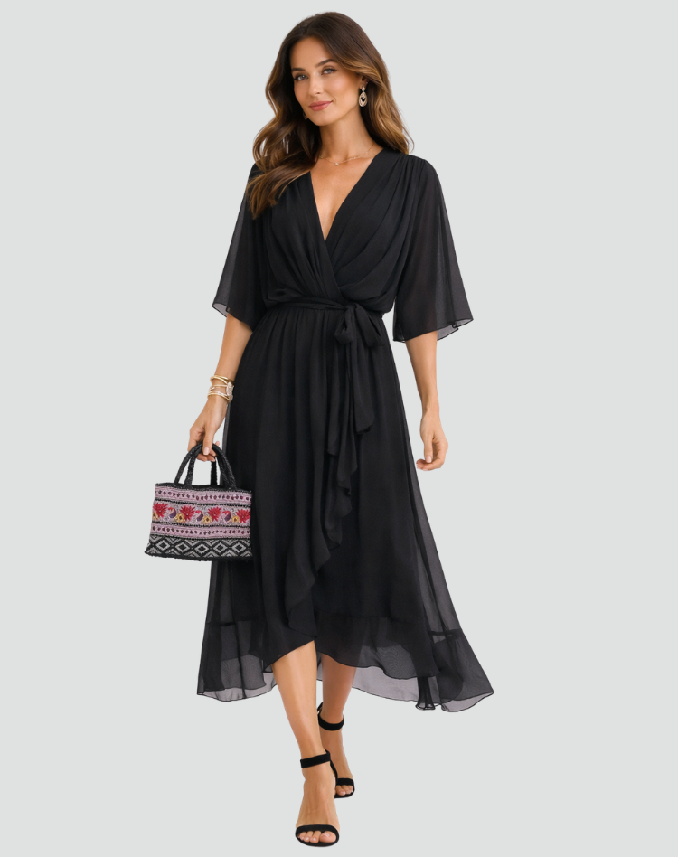 The Amelie – Women's Satin Wrap Bow Midi Dress | Huna