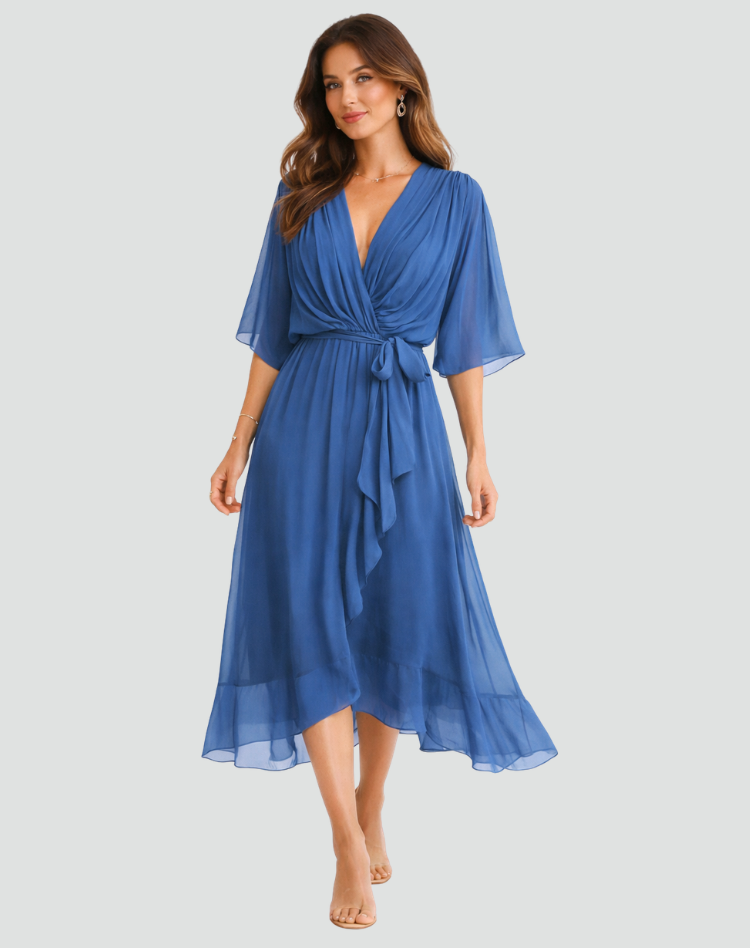 The Amelie – Women's Satin Wrap Bow Midi Dress | Huna