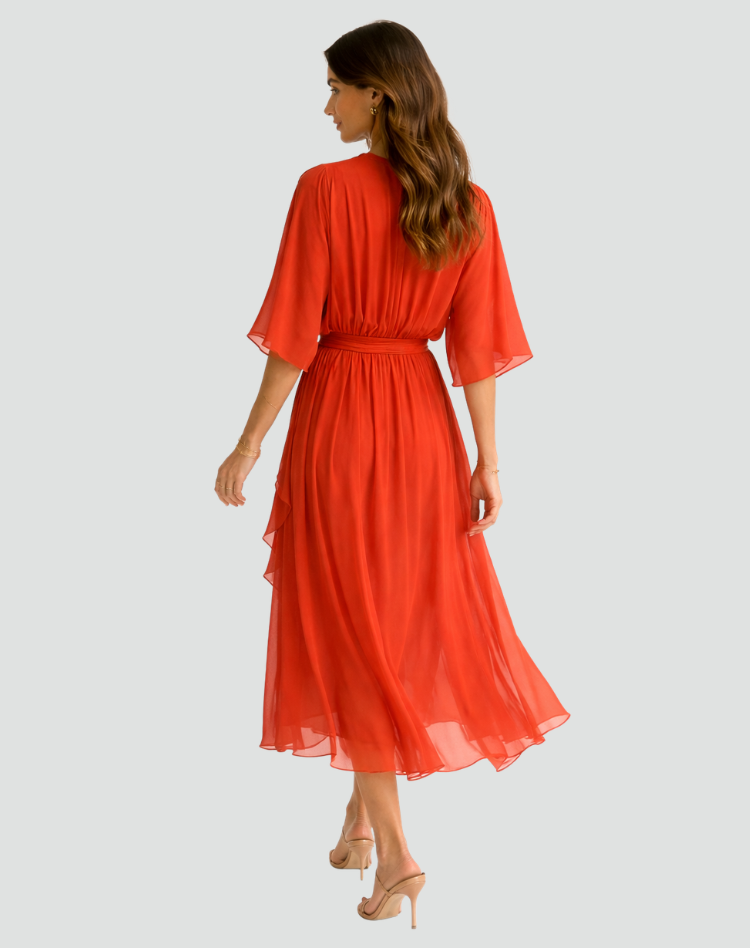 The Amelie – Women's Satin Wrap Bow Midi Dress | Huna