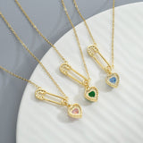 Color Gemstone Heart Safety Pin Necklace – Gold-Plated Pendant | Huna Jewelry