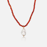 Calista Necklace - Elegant Red Beads & Organic Pearl Drop, Durable Design