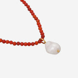 Calista Necklace - Elegant Red Beads & Organic Pearl Drop, Durable Design