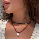 Calista Necklace - Elegant Red Beads & Organic Pearl Drop, Durable Design