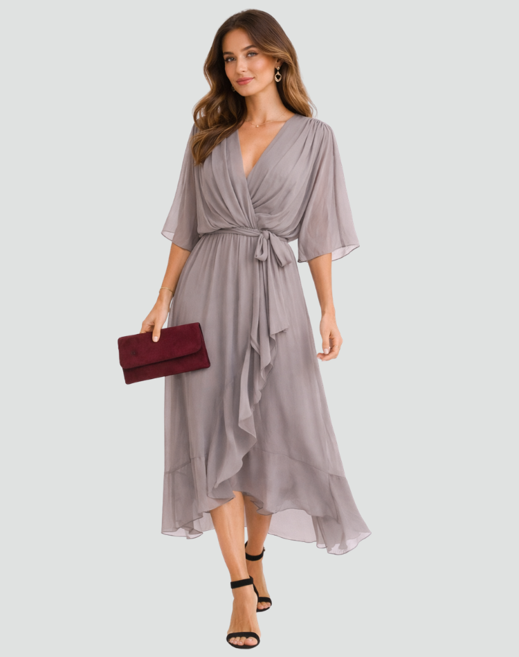 The Amelie – Women's Satin Wrap Bow Midi Dress | Huna