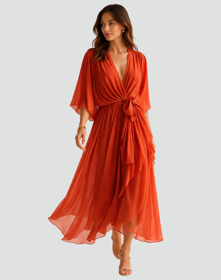The Amelie – Women's Satin Wrap Bow Midi Dress | Huna
