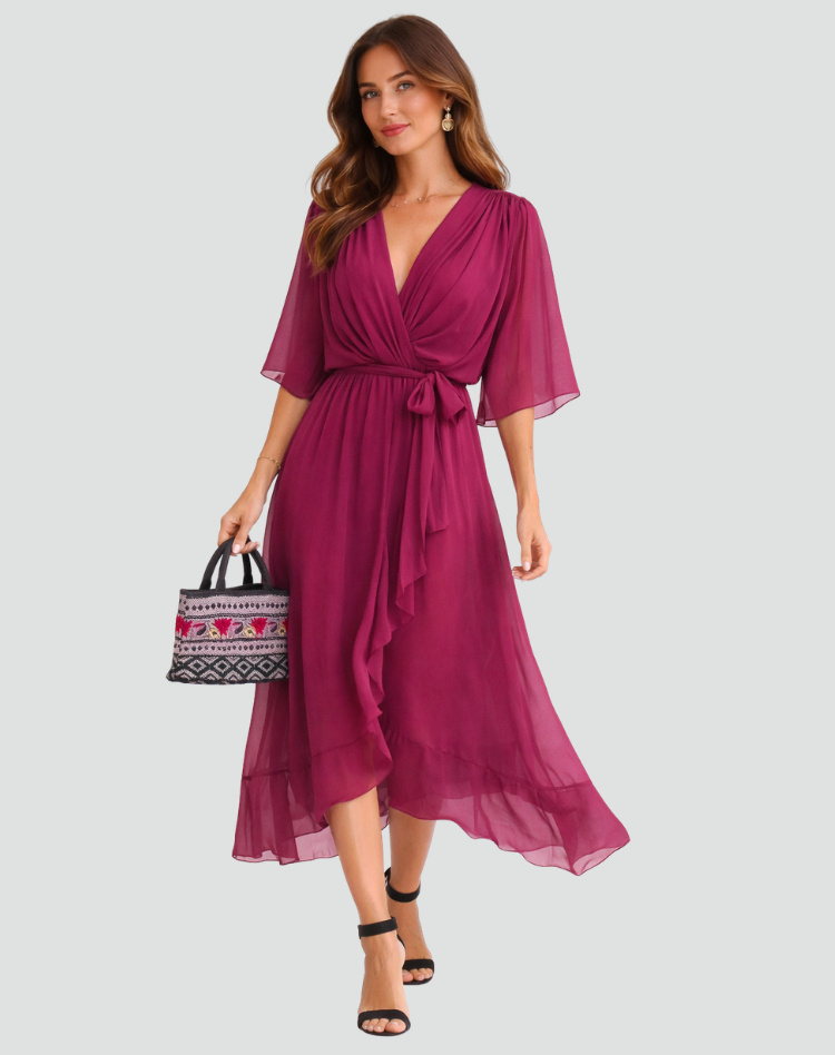 The Amelie – Women's Satin Wrap Bow Midi Dress | Huna