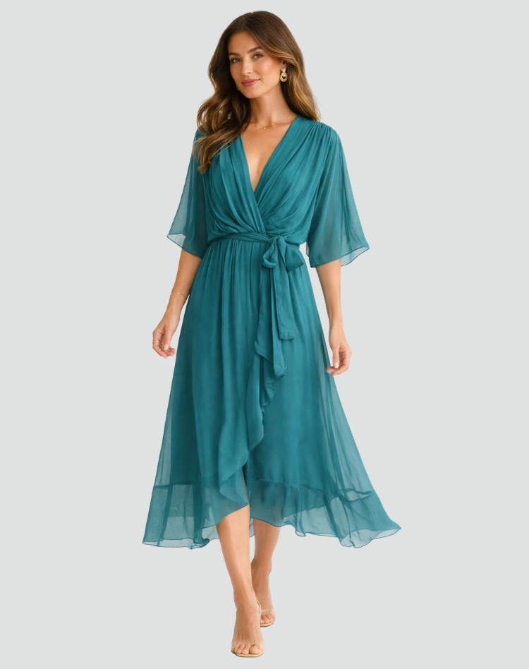 The Amelie – Women's Satin Wrap Bow Midi Dress | Huna