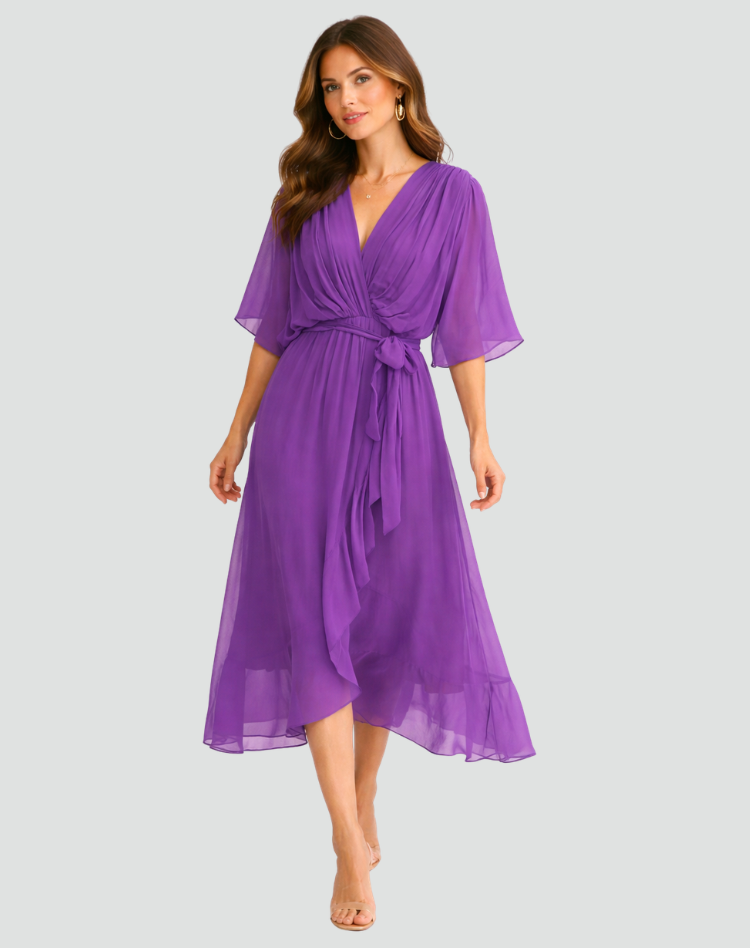 The Amelie – Women's Satin Wrap Bow Midi Dress | Huna