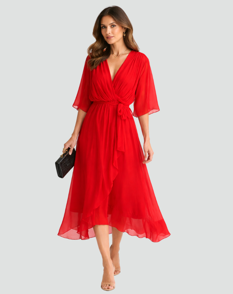 The Amelie – Women's Satin Wrap Bow Midi Dress | Huna