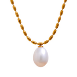 Ava Pearl Pendant Necklace – Beaded Chain with Fixed Single Pearl | Huna Jewelry