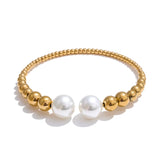 Adeline Pearl Cuff Bracelet – Metal Beaded Bangle, Elegant Style | Huna Jewelry