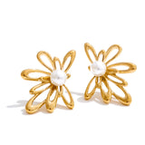 Jaidah Pearl Flower Stud Earrings – Elegant & Rust-Resistant Design | Huna Jewelry
