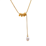 Angelina Y-Drop Necklace – Gold Beads & Single Pearl for an Elegant Look | Huna Jewelry