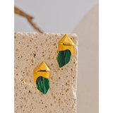 Grace Geometric Green Stone Stud Earrings – Bold & Unique Style | Huna Jewelry