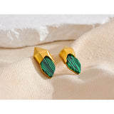 Grace Geometric Green Stone Stud Earrings – Bold & Unique Style | Huna Jewelry