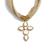 Natalie Cross Pendant Necklace – Shiny Glass Charm on Fabric Cord | Huna Jewelry