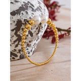 Adeline Pearl Cuff Bracelet – Metal Beaded Bangle, Elegant Style | Huna Jewelry