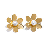 Indie Flower Pearl Stud Earrings – Waterproof & Modern Classic | Huna Jewelry