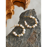 Marie Pearl & Gold Beaded C-Hoop Earrings – Soft Elegance | Huna Jewelry