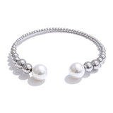 Adeline Pearl Cuff Bracelet – Metal Beaded Bangle, Elegant Style | Huna Jewelry