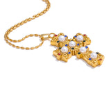 Aviana Cross Pendant Necklace – Vintage Pearl & Zircon Charm | Huna Jewelry