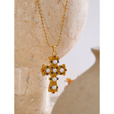 Aviana Cross Pendant Necklace – Vintage Pearl & Zircon Charm | Huna Jewelry