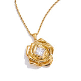 Lillian Rose Pendant Necklace – Gold Rope Chain with Zirconia Stone | Huna Jewelry