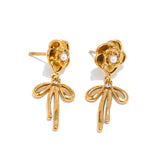 Juliet Rose Flower Stud Earrings with Bow Drop – Waterproof & Chic | Huna Jewelry