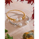 Adeline Pearl Cuff Bracelet – Metal Beaded Bangle, Elegant Style | Huna Jewelry