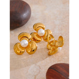 Palmina Gold Flower Pearl Stud Earrings – Elegant & Timeless | Huna Jewelry