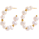 Marie Pearl & Gold Beaded C-Hoop Earrings – Soft Elegance | Huna Jewelry