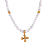 Emma Cross Pendant Necklace – Pearl & Gold Beaded Chic Jewelry | Huna Jewelry
