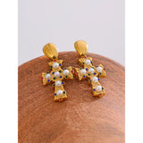 Celeste Cross Drop Earrings – Vintage Pearls & Colorful Sparkle | Huna Jewelry