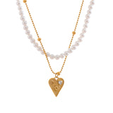 Liliana Pearl & Stainless Steel Necklace – Heart Love Pendant Double Layer | Huna Jewelry