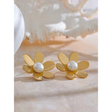 Indie Flower Pearl Stud Earrings – Waterproof & Modern Classic | Huna Jewelry