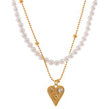 Liliana Pearl & Stainless Steel Necklace – Heart Love Pendant Double Layer | Huna Jewelry