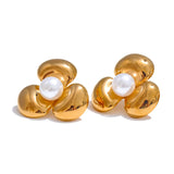 Palmina Gold Flower Pearl Stud Earrings – Elegant & Timeless | Huna Jewelry