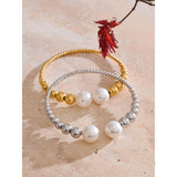 Adeline Pearl Cuff Bracelet – Metal Beaded Bangle, Elegant Style | Huna Jewelry
