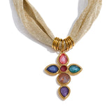 Natalie Cross Pendant Necklace – Shiny Glass Charm on Fabric Cord | Huna Jewelry