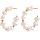 Marie Pearl & Gold Beaded C-Hoop Earrings – Soft Elegance | Huna Jewelry