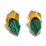 Grace Geometric Green Stone Stud Earrings – Bold & Unique Style | Huna Jewelry
