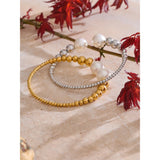 Adeline Pearl Cuff Bracelet – Metal Beaded Bangle, Elegant Style | Huna Jewelry