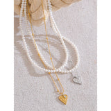 Liliana Pearl & Stainless Steel Necklace – Heart Love Pendant Double Layer | Huna Jewelry