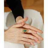 Ulla Green Stone Cuff Ring – Wide Vintage Statement Jewelry | Huna Jewelry