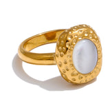 Violet Shell Statement Ring – Hammered Metal Geometric Jewelry | Huna Jewelry