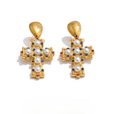 Celeste Cross Drop Earrings – Vintage Pearls & Colorful Sparkle | Huna Jewelry