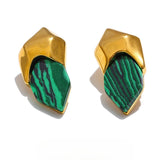 Grace Geometric Green Stone Stud Earrings – Bold & Unique Style | Huna Jewelry