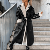 Women's Fleece Lined Leather Coat with Belt - Stylish Long Jacket for Warmth and Comfort in Cold Weather