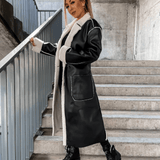 Women's Fleece Lined Leather Coat with Belt - Stylish Long Jacket for Warmth and Comfort in Cold Weather